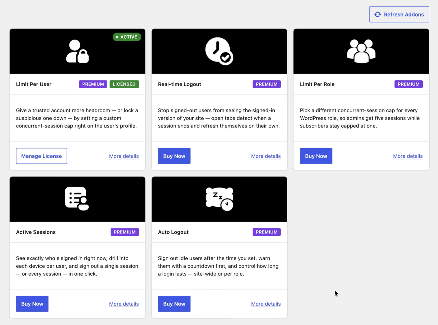 The Loggedin Add-ons tab in WordPress listing the available premium add-ons