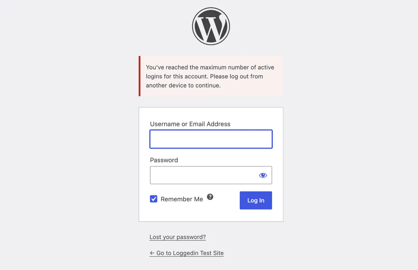 The WordPress login screen showing the message a user gets when they reach the concurrent login limit
