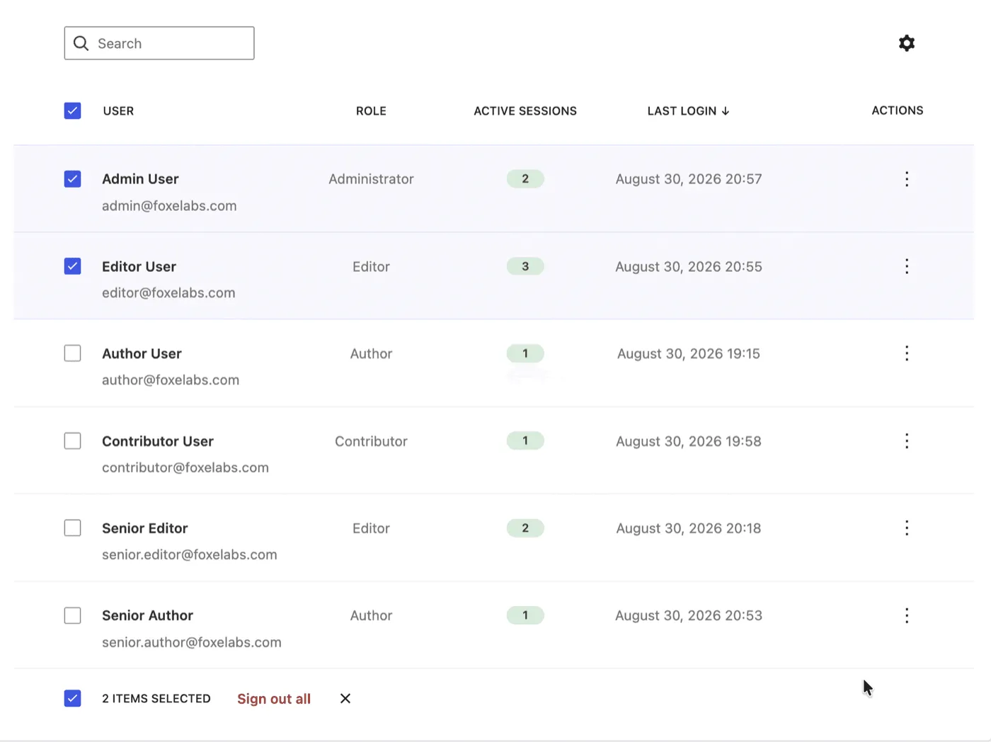 Two rows ticked in the Active Sessions list with the bulk bar showing the selected count and a Sign out all action
