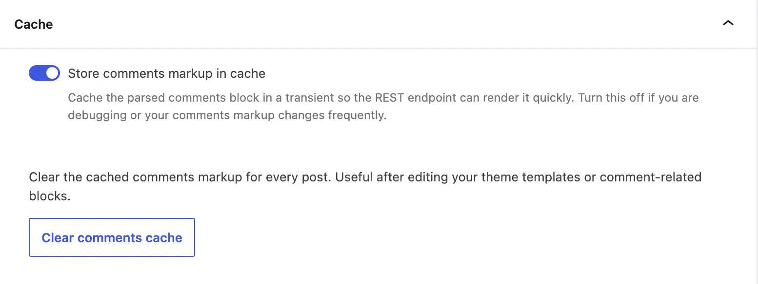 The cache panel for Lazy Load for Comments with a toggle for storing comments markup and a Clear comments cache button