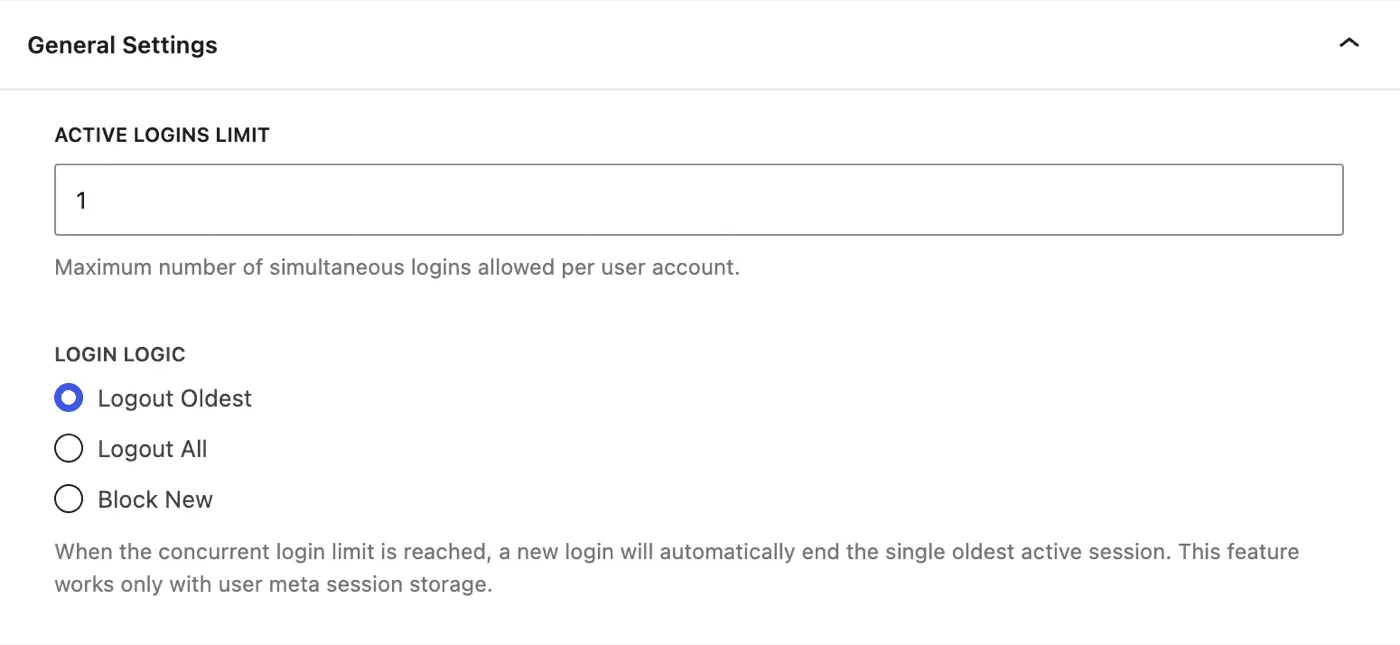 Loggedin general settings in the WordPress admin showing the active logins limit and the login logic options