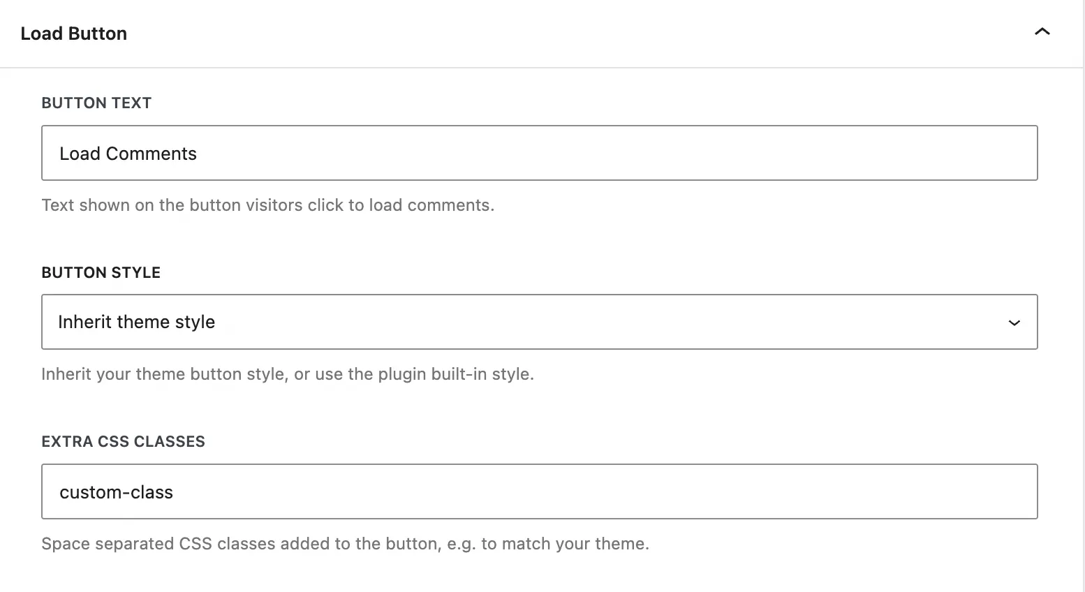The Load Button settings for Lazy Load for Comments, with fields for button text, button style and extra CSS classes