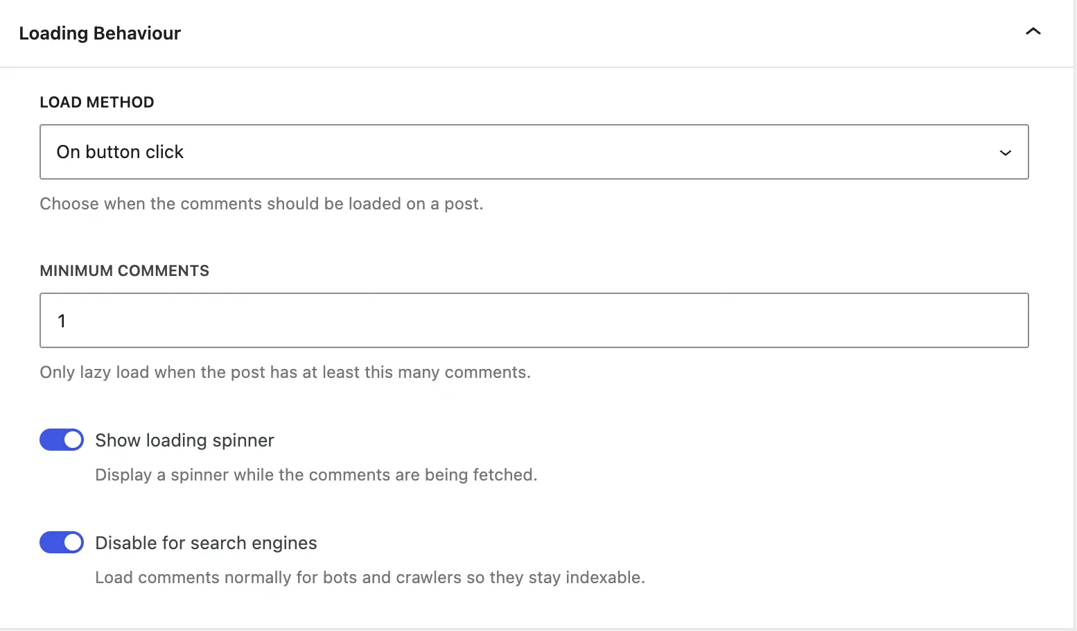 The Lazy Load for Comments settings screen in the WordPress admin showing the load method, minimum comments threshold and search-engine options