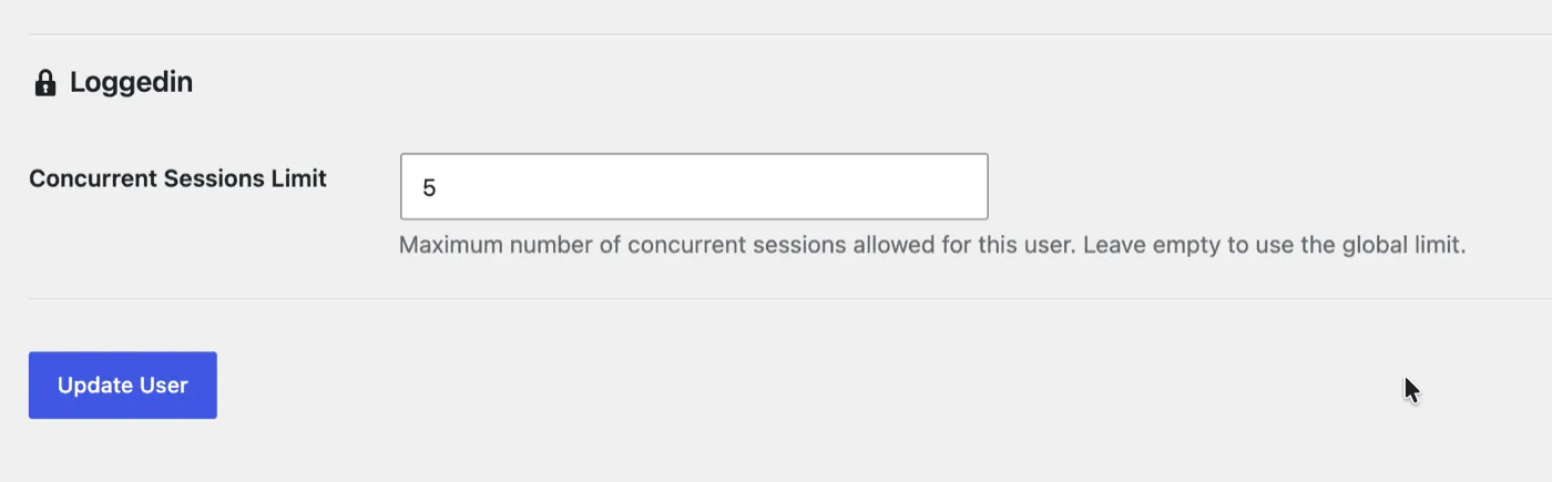 The Concurrent Sessions Limit field on the WordPress user profile screen, overriding the global login limit for one account