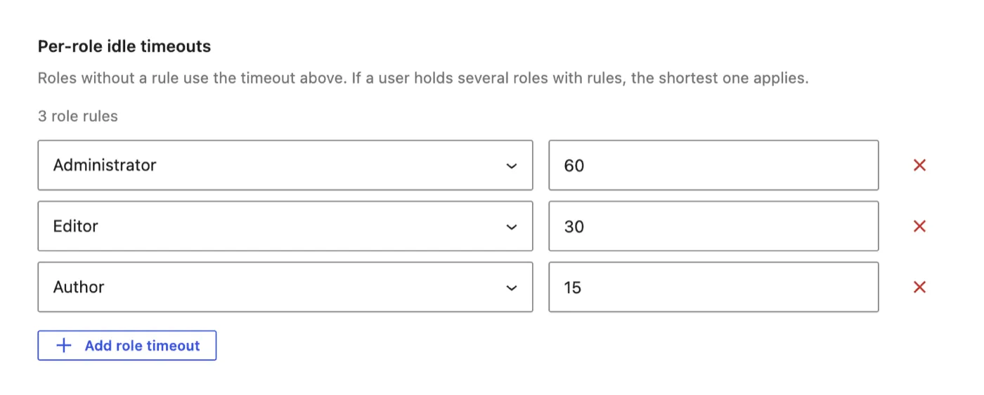 Per-role idle timeout rows in the Auto Logout panel, with a longer timeout for administrators and shorter ones for editors and authors