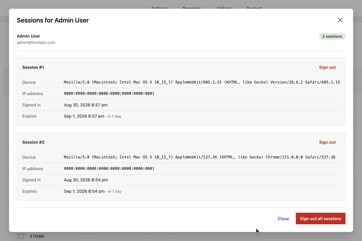 The Active Sessions per-user modal showing each WordPress session with its device, IP address, login time and expiry