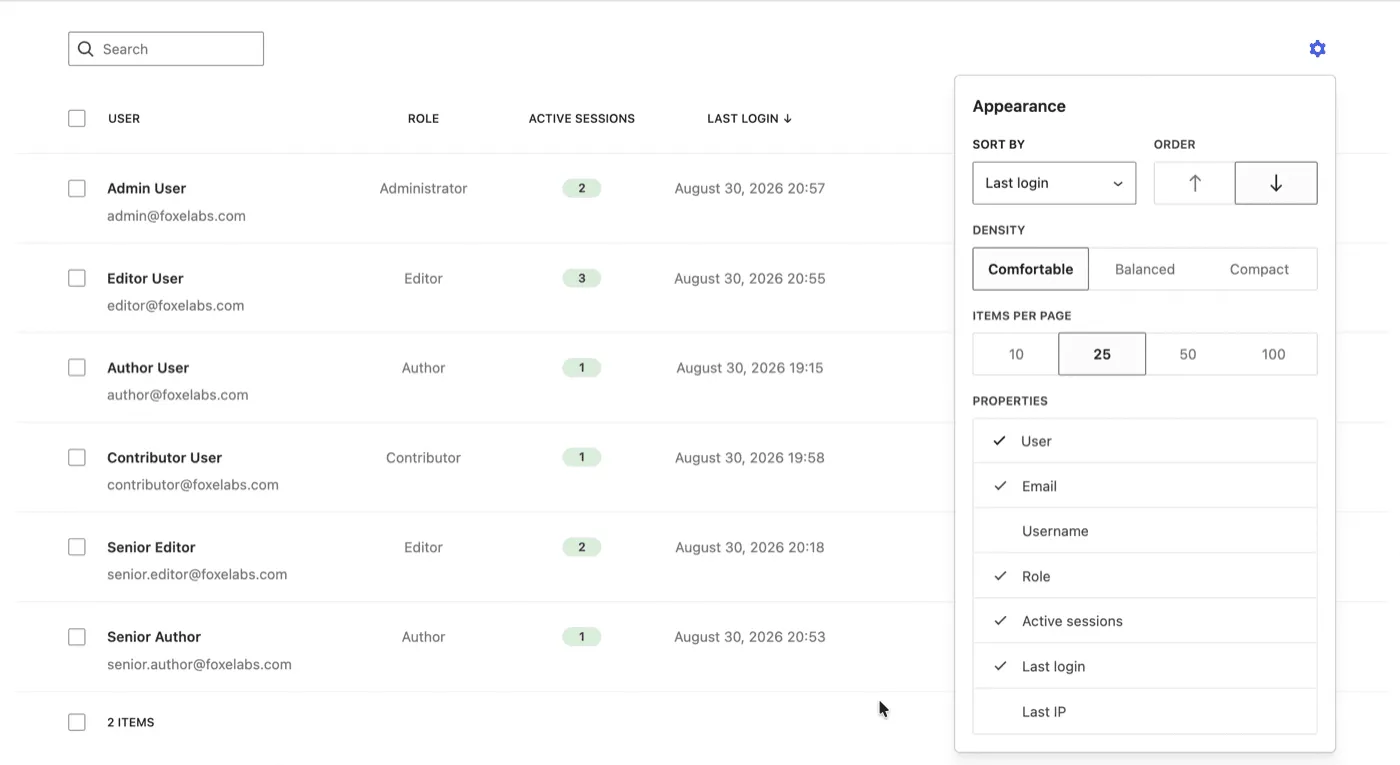 The Active Sessions tab in WordPress listing every user with a live login session, with the appearance panel open showing sort, density and column options