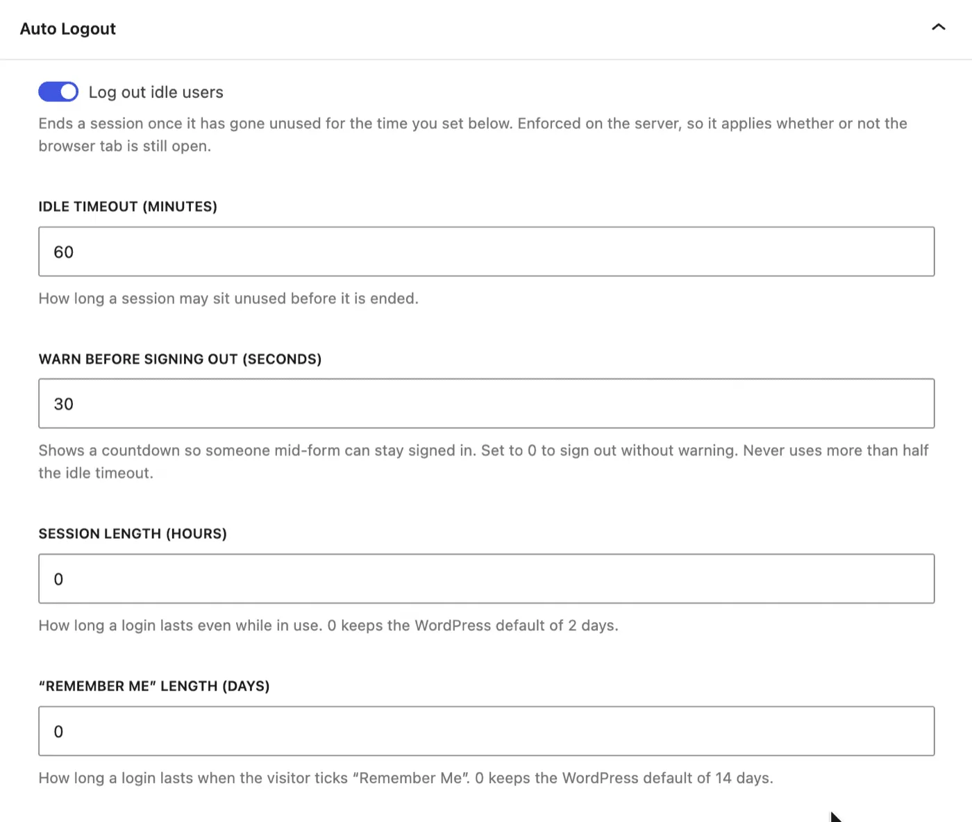 The Auto Logout settings panel in WordPress with the idle timeout in minutes and the warning countdown in seconds