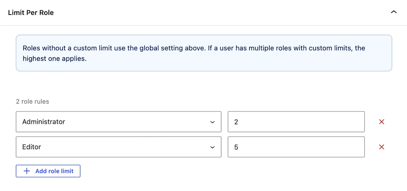 The Limit Per Role panel in WordPress with a separate concurrent session limit set for administrators and editors