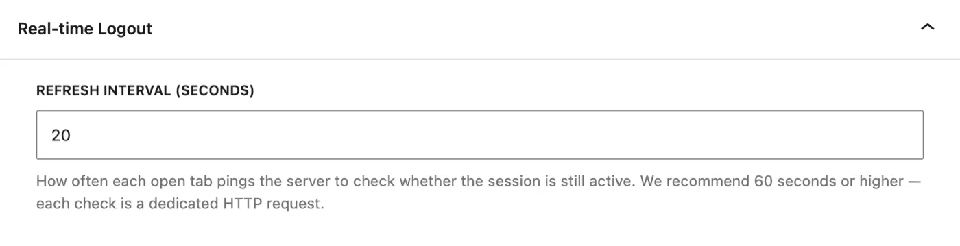 The Real-time Logout settings panel in WordPress with the refresh interval set in seconds