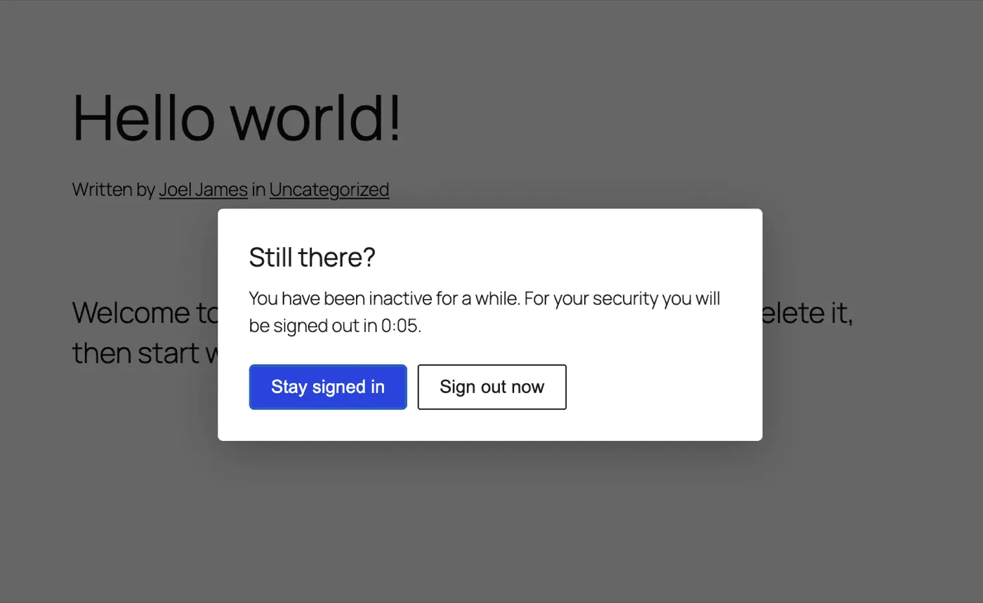 The Auto Logout warning dialog counting down before a WordPress user is signed out, with Stay signed in and Sign out now buttons