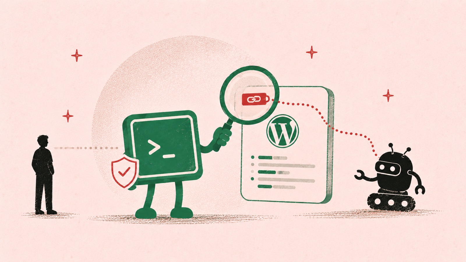 A green terminal character inspecting a WordPress plugin with a magnifying glass and shield, catching a hidden link that only appears to a search-engine crawler bot