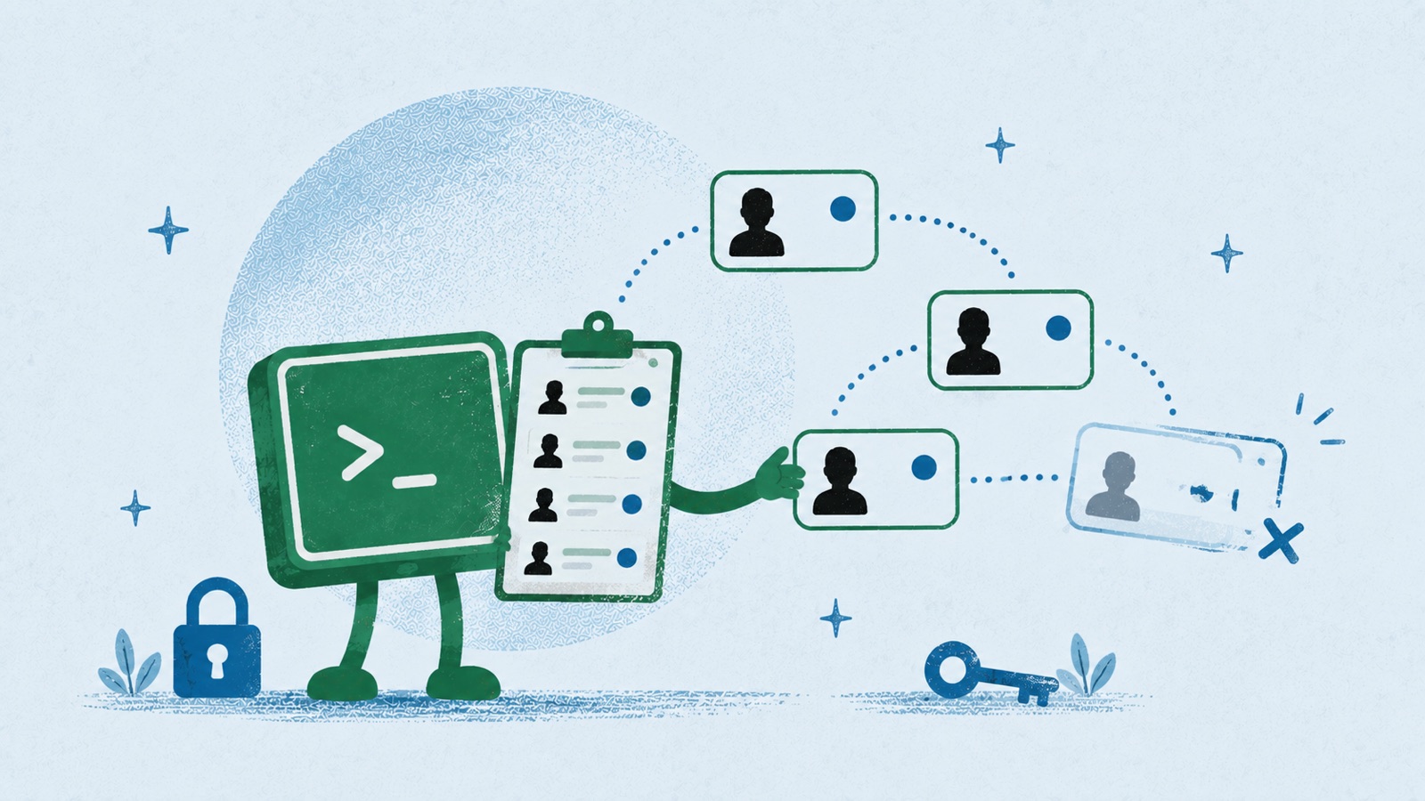 A green terminal character holds a clipboard listing active users, each shown as an ID card with a green online dot, while it reaches out to sign one fading session out