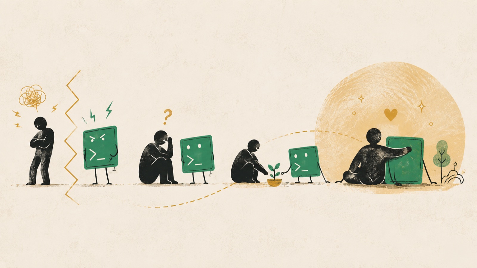 Illustration of a person and a green terminal character moving from hostility to friendship in four stages — arguing, puzzling it out, growing something together, and finally sitting side by side