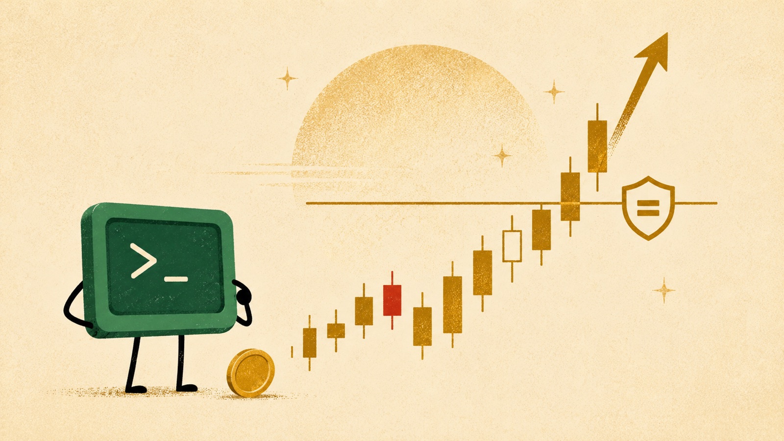 A green terminal character watching a gold XAUUSD candlestick chart break out upward on a dark premium background, with a shield marking an early breakeven stop