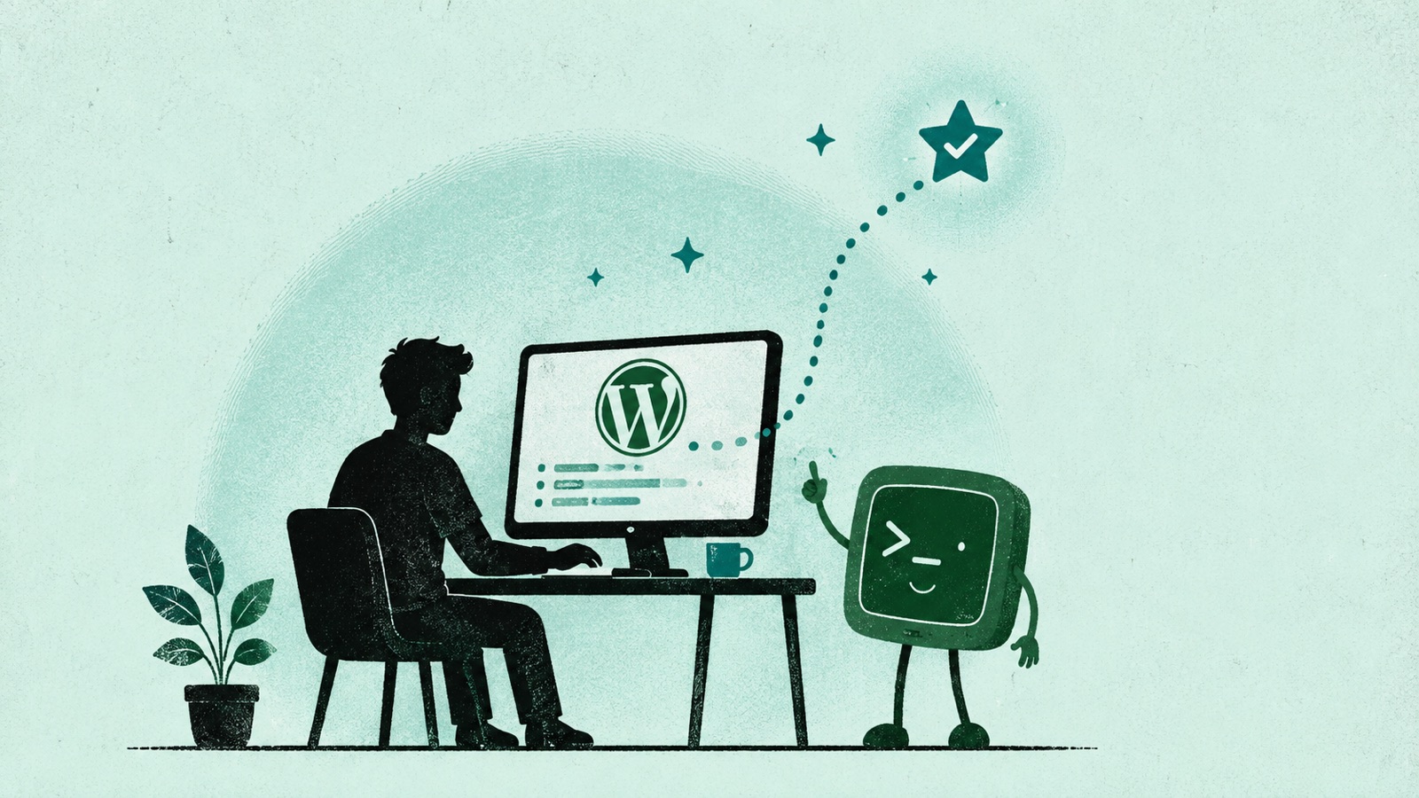 A developer at a desk contributing to WordPress, with a friendly green terminal character looking on and the WordPress logo glowing above the screen